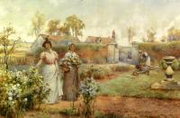 Glendening, Alfred - A Lady And Her Maid Picking Chrysanthemums